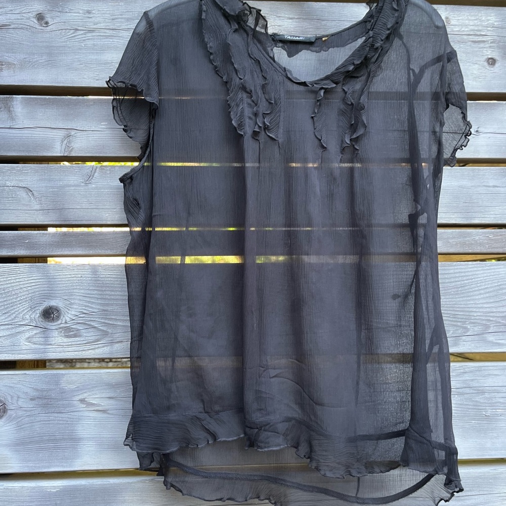 Tahari Black Sheer Ruffle Top